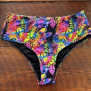 High-Waisted Tropical Floral Bikini Bottoms - Neon Multi